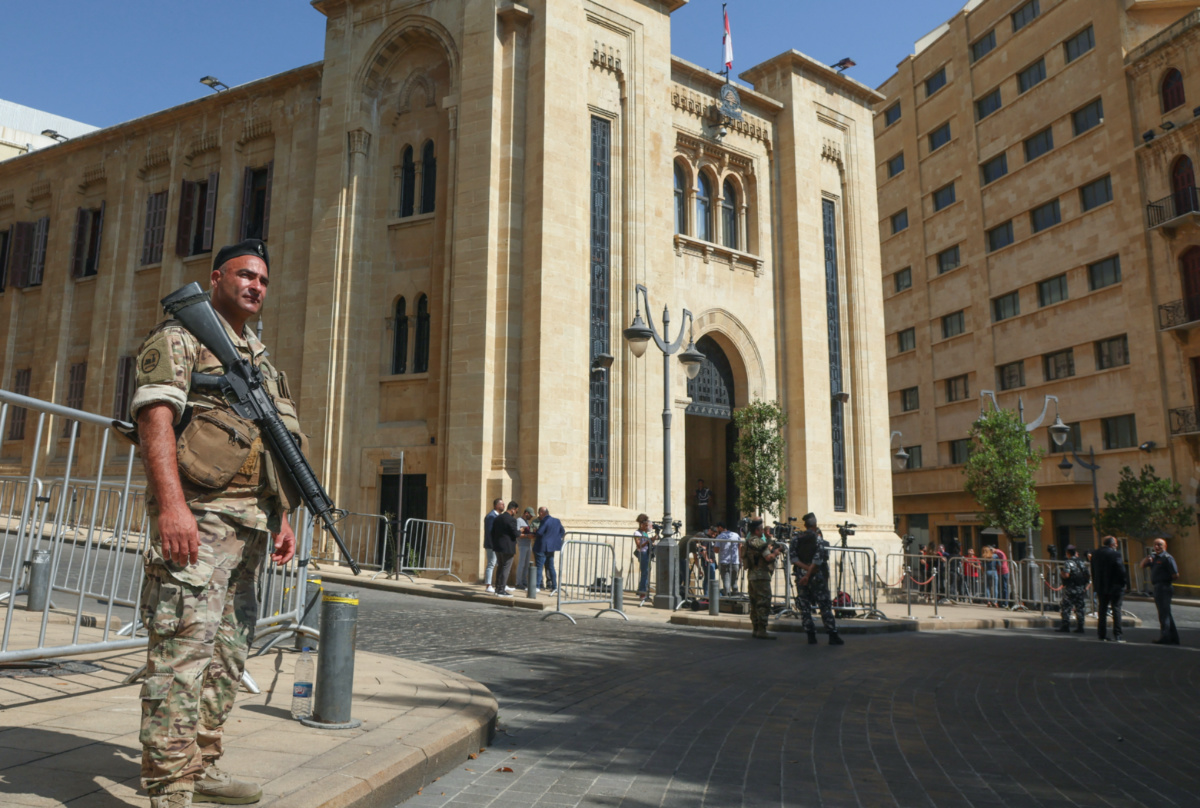 A member of the Lebanese army stands guard as Lebanon's parliament is set to convene in a bid to elect a head of state to fill the vacant presidency, in downtown Beirut, Lebanon, on 14th June, 2023. 