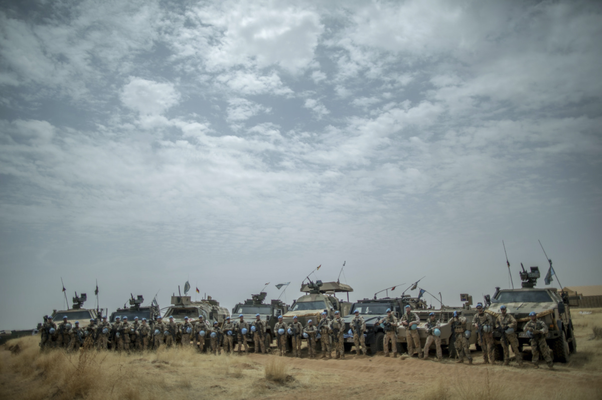 German soldiers from the UN contingent MINUSMA stand together during a visit of German Defence Minister Ursula von der Leyen to Camp Castor in Gao, Mali, on 5th April, 2016.