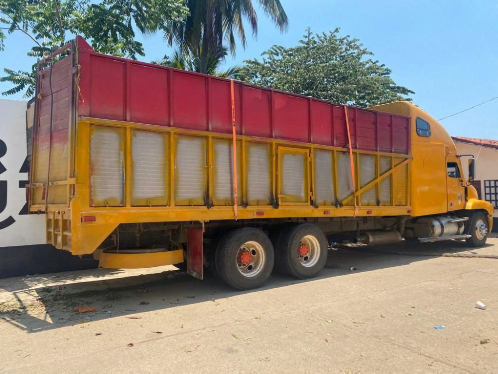 The truck that was carrying 129 migrants from Guatemala, Honduras, El Salvador and India who where rescued by Mexico's National Institute of Migration, according to a statement by the INM, is seen in this photo released on 16th June, 2023 and distributed by INM.