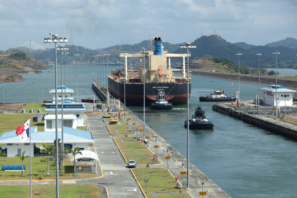 Monrovia NSU CHALLENGER bulk carrier transits the expanded canal through Cocoli Locks at the Panama Canal, on the outskirts of Panama City, Panama, on 19th April, 2023.