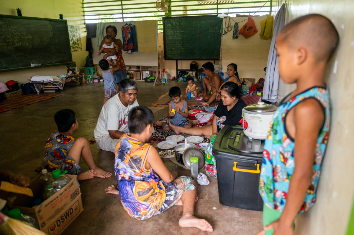 Filipino evacuees take shelter at a classroom converted into an evacuation site following the increased alert level of Mayon Volcano, in Daraga, Albay province, Philippines, on 11th June, 2023.
