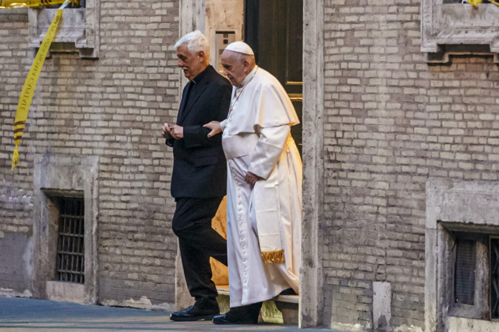 Pope Francis is flanked by Jesuits' Superior General Arturo Sosa Abascal, left, after presiding a mass on on 12th March, 2022.