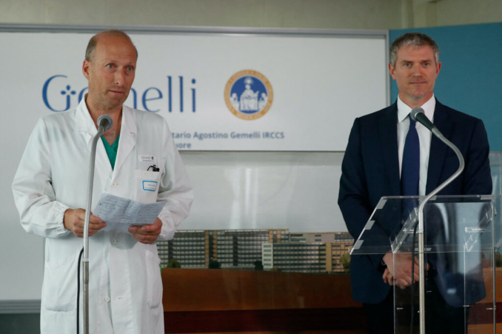 Professor Sergio Alfieri and Vatican spokesman Matteo Bruni speak to the media at the Gemelli Hospital where Pope Francis is hospitalised for surgery on his abdomen, in Rome, Italy, on 10th June, 2023