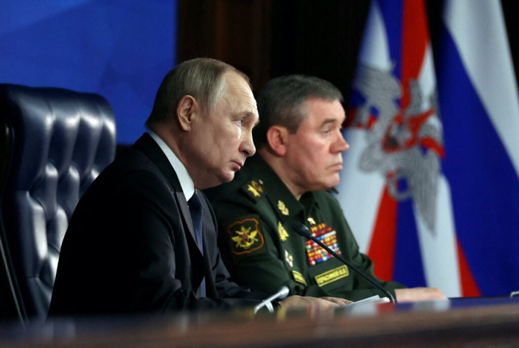 Russian President Vladimir Putin and Chief of the General Staff of Russian Armed Forces Valery Gerasimov attend an annual meeting of the Defence Ministry Board in Moscow, Russia, on 21st December, 2022