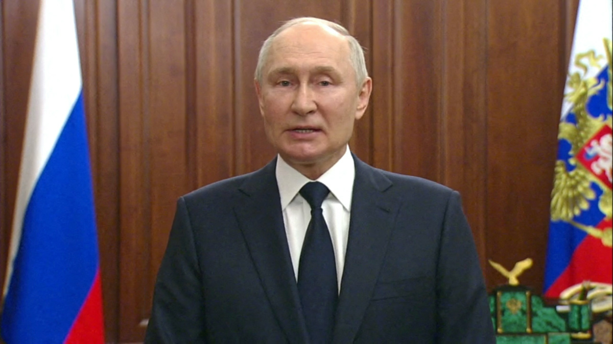Russian President Vladimir Putin gives a televised address in Moscow, Russia, on 26th June, 2023, in this still image taken from video. 