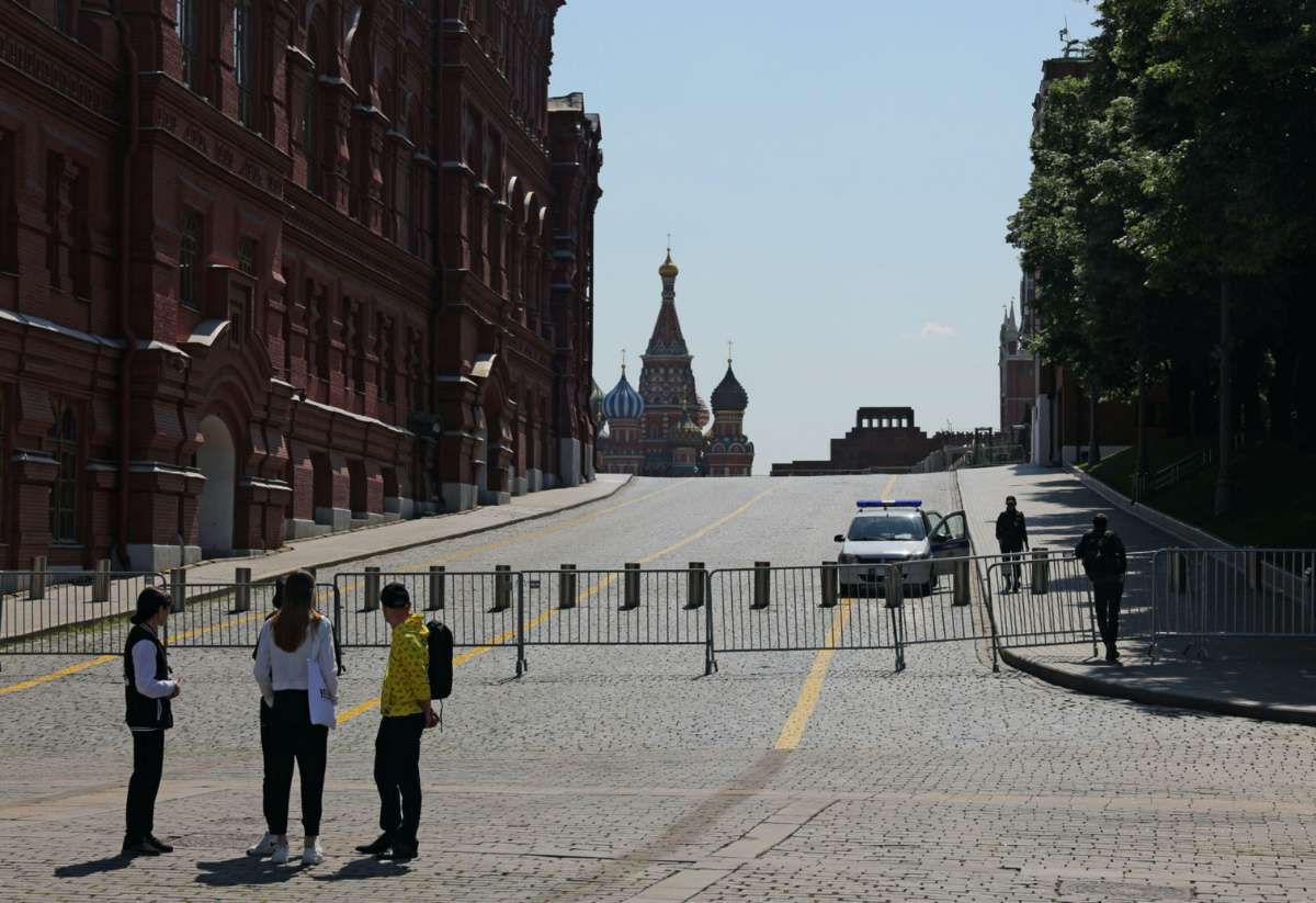 People stand near the closed Red Square in Moscow, Russia, on 25th June, 2023.