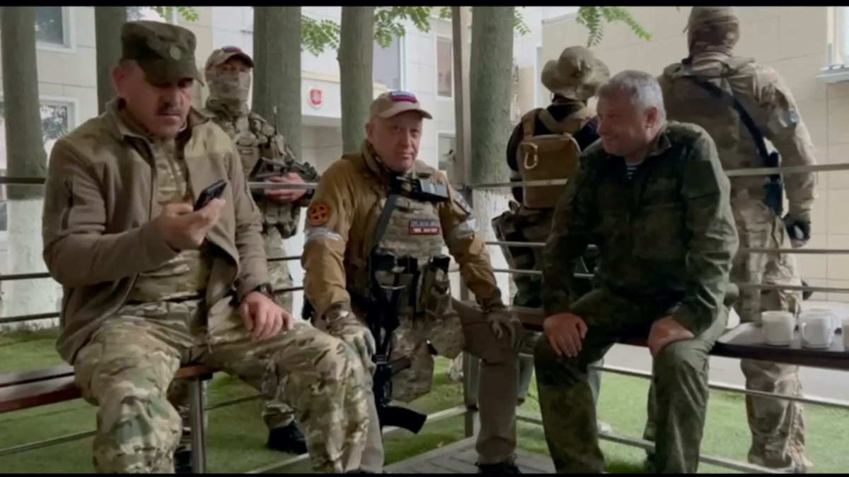 Founder of Wagner private mercenary group Yevgeny Prigozhin meets with Russia's Deputy Minister of Defence Yunus-Bek Yevkurov, at the headquarters of the Southern Military District of the Russian Armed Forces, in Rostov-on-Don, Russia, in this screen grab from a video released on 24th June, 2023.