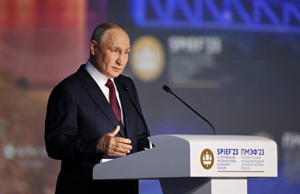 Russian President Vladimir Putin delivers a speech during a session of the St Petersburg International Economic Forum in Saint Petersburg, Russia, on 16th June, 2023.