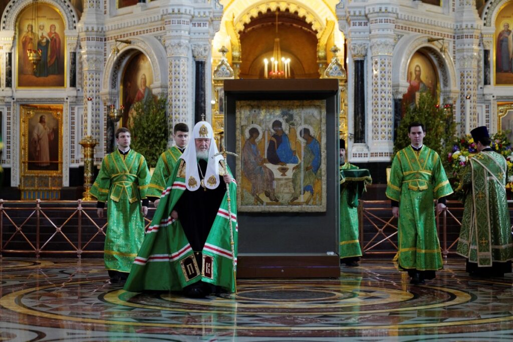 Patriarch Kirill of Moscow and All Russia leads a Holy Trinity service with the Trinity icon, Andrei Rublev's 15th century artwork, in the Cathedral of Christ the Saviour in Moscow, Russia, on 4th June 4, 2023