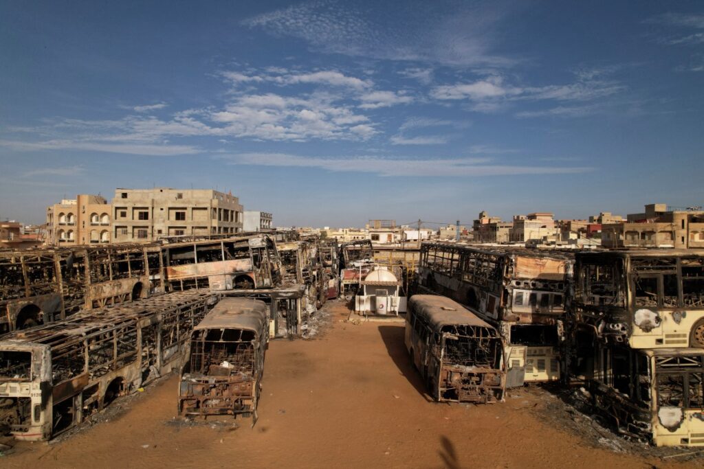 Burnt-out buses which belong to a partly state-funded "Dem Dikk" company, that provides intercity, national and regional bus services, are seen following violent protests after Senegal opposition leader Ousmane Sonko was sentenced to prison, in Keur Massar neighborhood, Dakar, Senegal, on 7th June, 2023