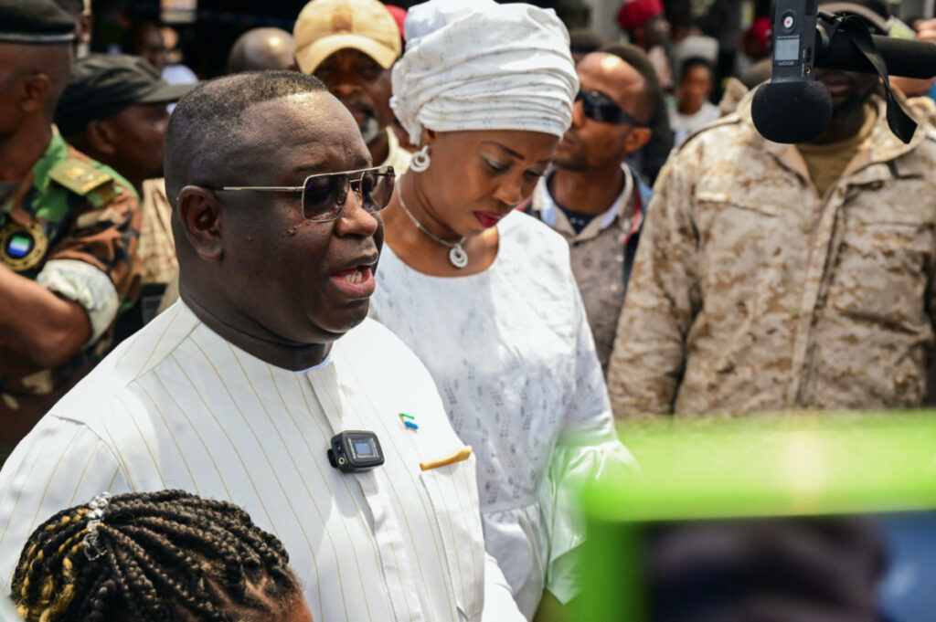 Sierra Leone's President and ruling party candidate Julius Maada Bio speaks to journalists after casting his vote for national elections at a polling station in Freetown, Sierra Leone, on 24th June, 2023.