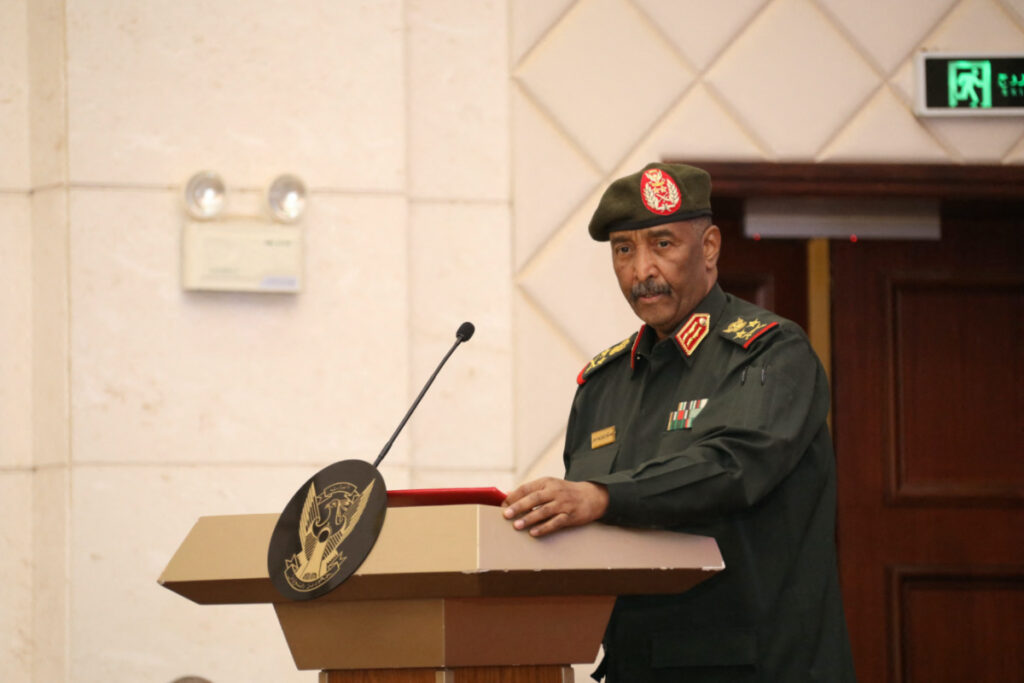 Sudan's military leader General Abdel Fattah al-Burhan stands at the podium during a ceremony to sign the framework agreement between military rulers and civilian powers in Khartoum, Sudan, on 5th December, 2022.