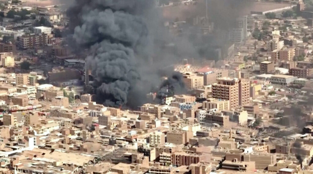 An aerial view of the black smoke and flames at a market in Omdurman, Khartoum North, Sudan, on 17th May, 2023 in this screengrab obtained from a handout video.