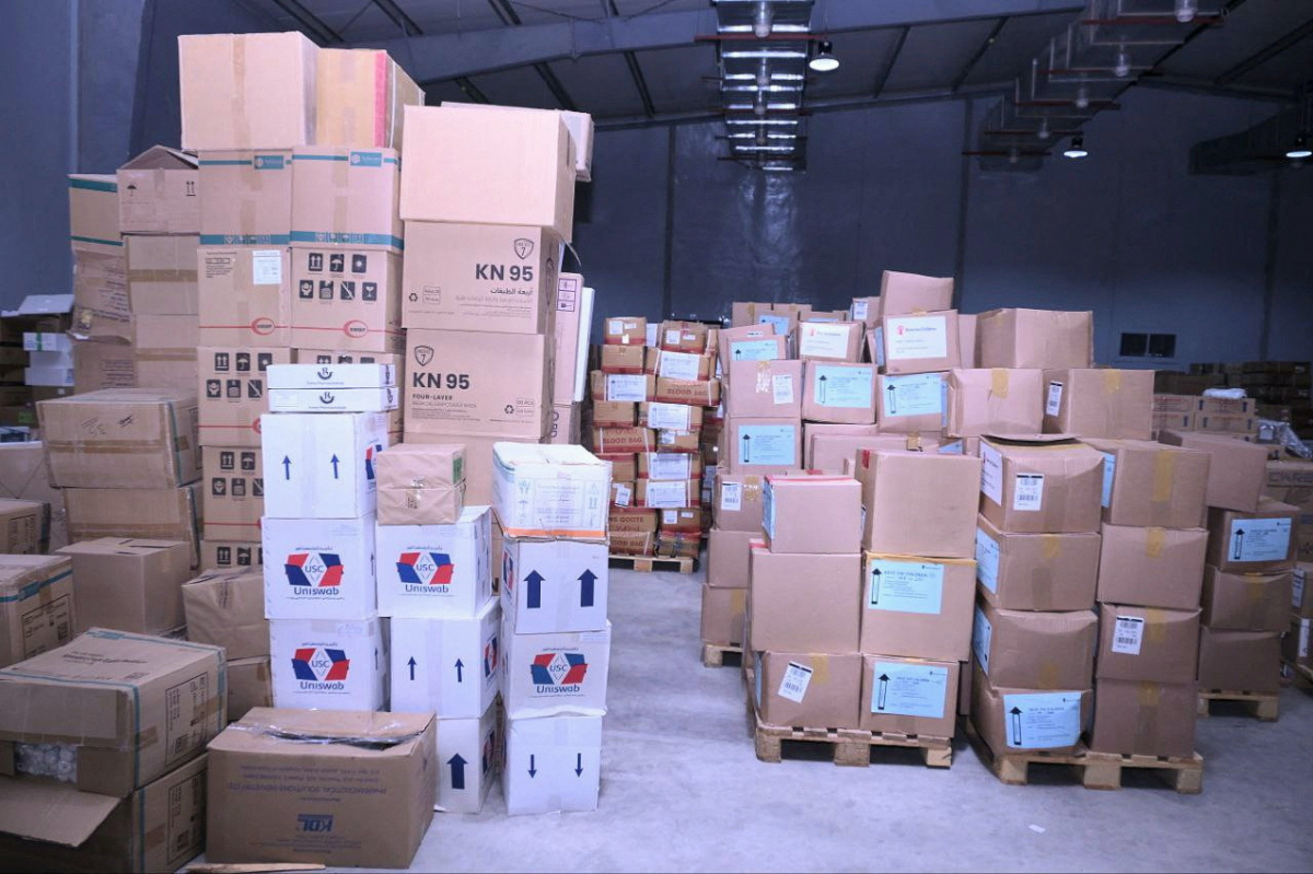 Boxes containing aid are stockpiled in a warehouses run by Sudan Humanitarian Aid Commission, following the crisis in Sudan's capital Khartoum, at the city of Port Sudan, Sudan, on 30th May, 2023.