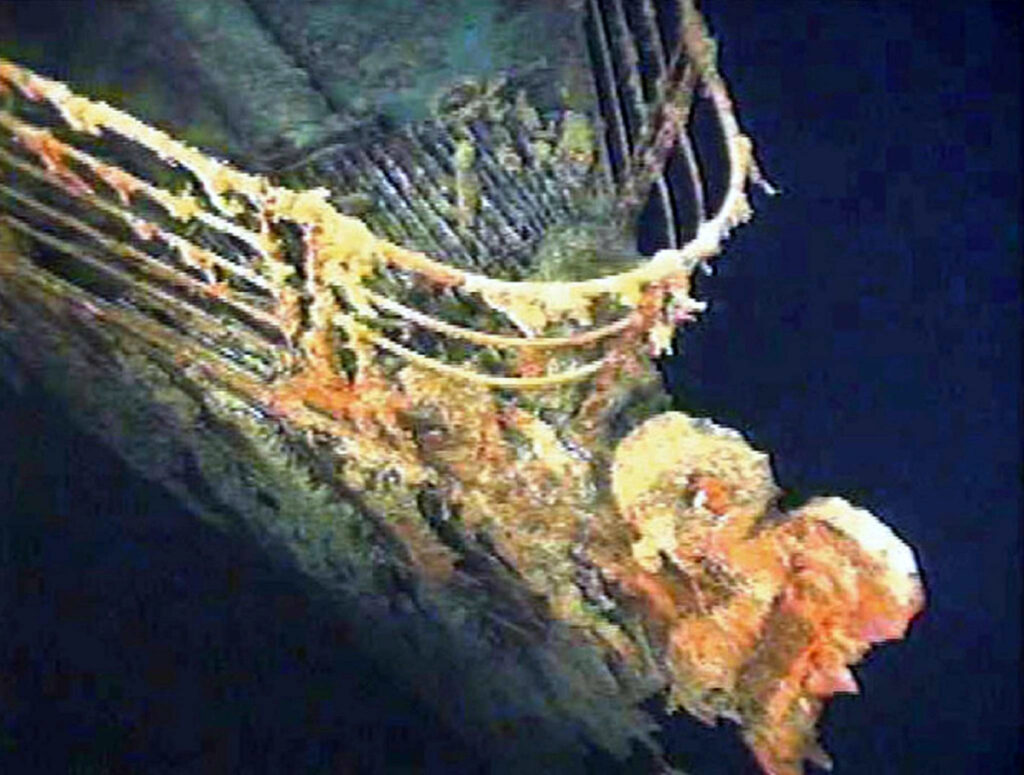 The port bow railing of the Titanic lies in 12,600 feet of water about 400 miles east of Nova Scotia as photographed earlier this month as part of a joint scientific and recovery expedition sponsored by the Discovery Channel and RMS Titantic.