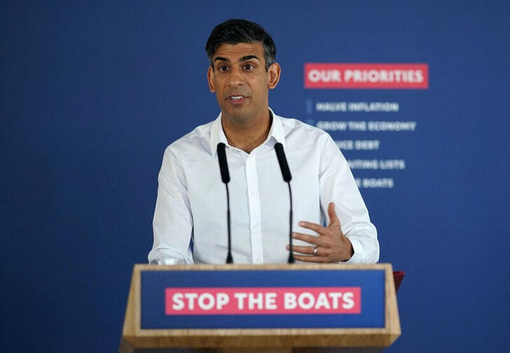 Prime Minister Rishi Sunak speaking during a press conference as he gives an update on the progress made in the six months since he introduced the Illegal Migration Bill under his plans to "stop the boats", at Western Jet Foil in Dover, Britain, on Monday, 5th June, 2023