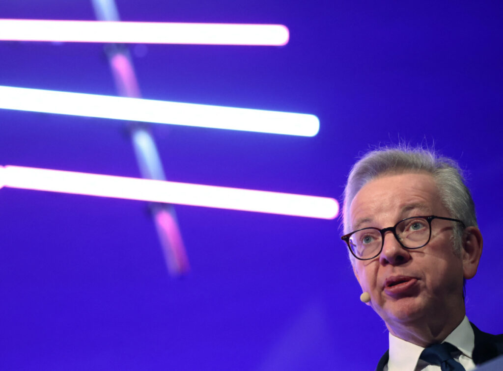 Michael Gove, Britain’s Secretary of State for Levelling Up, Housing and Communities, is seen during his speech at the 'Convention of the North' conference in Manchester, Britain, on 25th January, 2023.