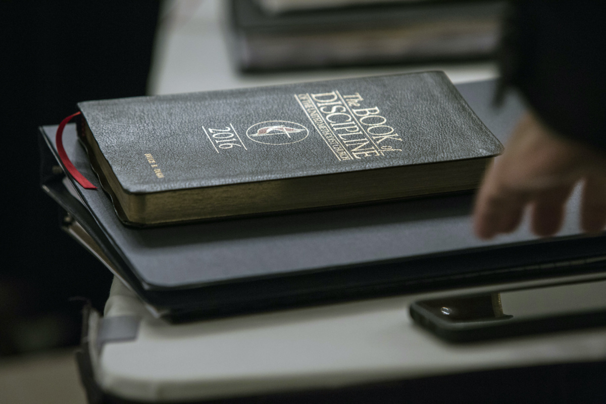 A copy of the Book of Discipline rests on a table during an oral hearing on 22nd May, 2018, in Evanston, Illinois. 