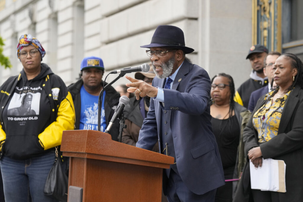Rev Amos C Brown speaks at a reparations rally outside of City Hall in San Francisco, on Tuesday, 14th March, 2023.