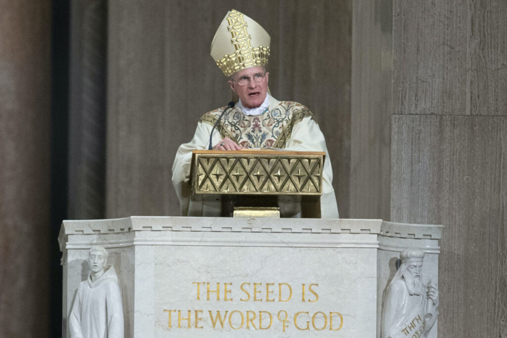 Archbishop Timothy Broglio conducts an Easter Sunday Mass at Basilica of the National Shrine of the Immaculate Conception in Washington, on 12th April, 2020.