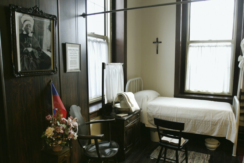 The bed of Mother Mary Lange, the leader of the country's first community of Black nuns, is displayed at the St Francis Academy in Baltimore, Wednesday, on 23rd February, 2005.