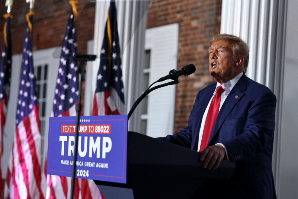 Former US President Donald Trump delivers remarks during an event following his arraignment on classified document charges, at Trump National Golf Club, in Bedminster, New Jersey, US, on 13th June 2023.