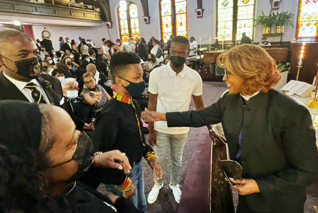 Bishop Vashti McKenzie greets community members in Buffalo at Bethel AME Church after worship the Sunday following the shooting.