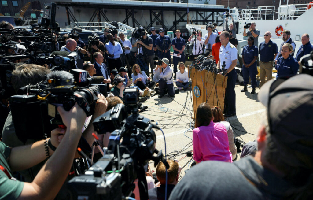 Rear Admiral John Mauger, First Coast Guard District commander, speaks during a press conference updating about the search for the missing OceanGate Expeditions submersible, in Boston, Massachusetts, on 22nd June, 2023.