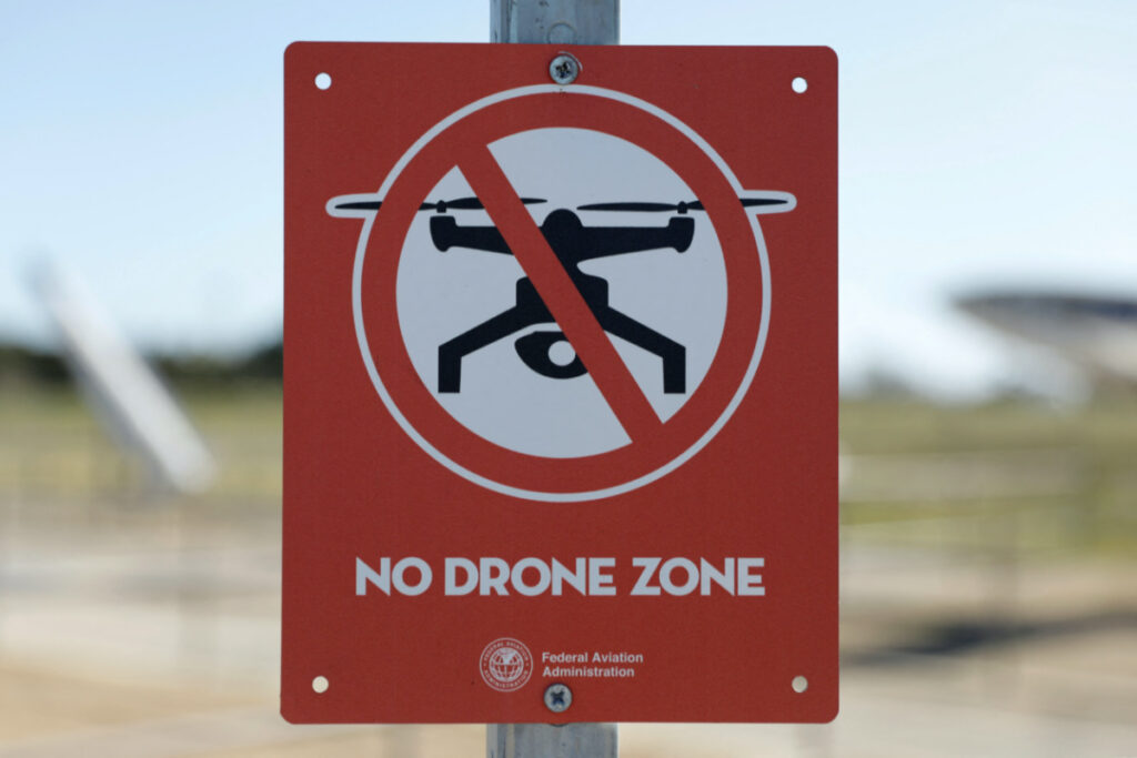 A Federal Aviation Administration sign warns against the use of civilian drones outside Point Mugu Naval Air Station near Oxnard, California, US, on 29th March, 2022.