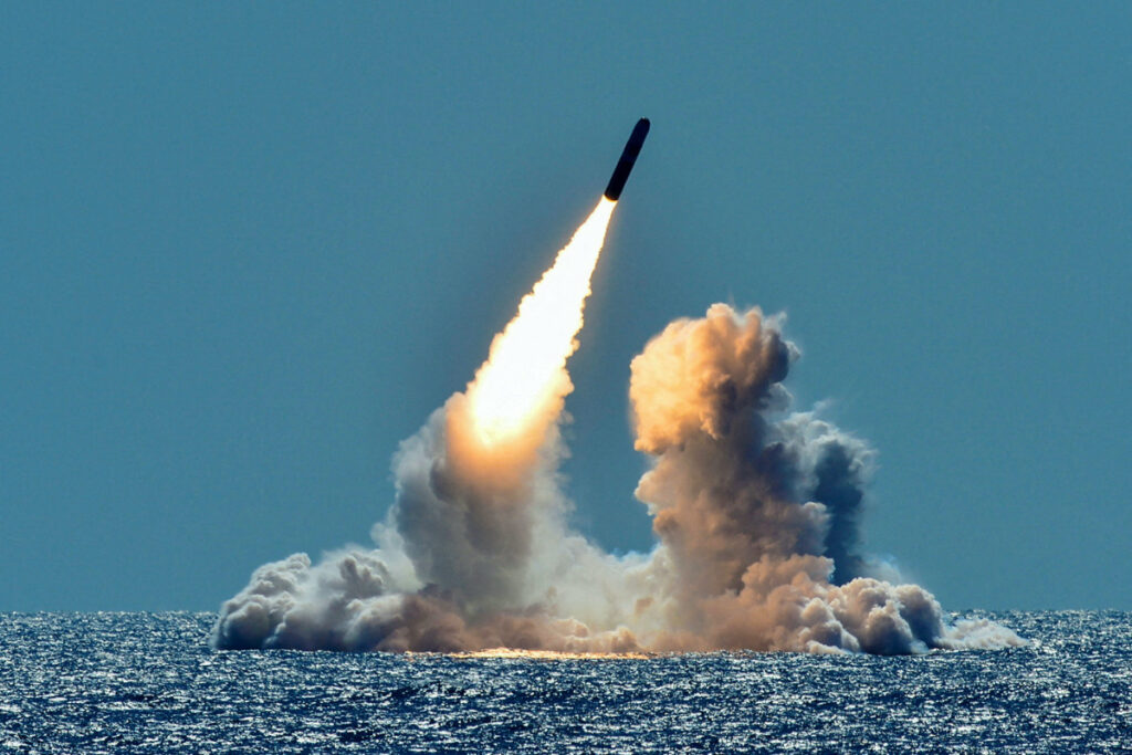 An unarmed Trident II D5 missile is test-launched from the Ohio-class US Navy ballistic missile submarine USS Nebraska off the coast of California, US, on 26th March, 2018.