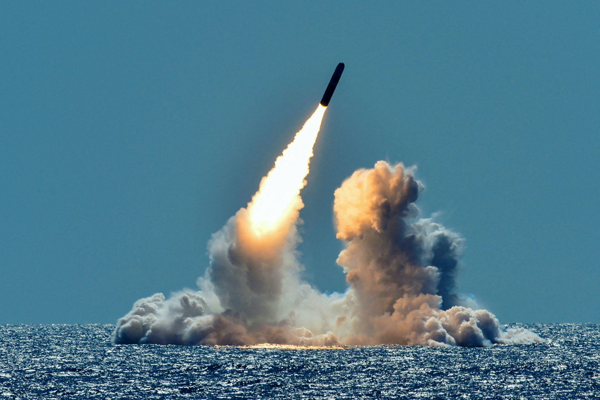 An unarmed Trident II D5 missile is test-launched from the Ohio-class US Navy ballistic missile submarine USS Nebraska off the coast of California, US, on 26th March, 2018. 