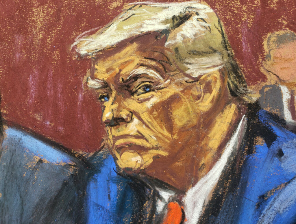 Former US President Donald Trump inside the Wilkie D Ferguson Jr United States Courthouse in Miami, Florida, on 13th June, 2023 in this courtroom sketch
