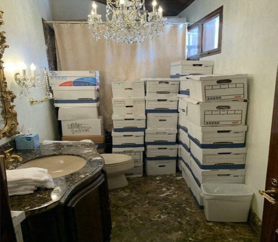 A photo published by the US Justice Department in their charging document against former US President Donald Trump shows boxes of documents stored in a bathroom at Trump's Mar-a-Lago club in Florida in early 2021 as seen embedded in the document released by the Justice Department in Washington, US, on 9th June, 2023. 