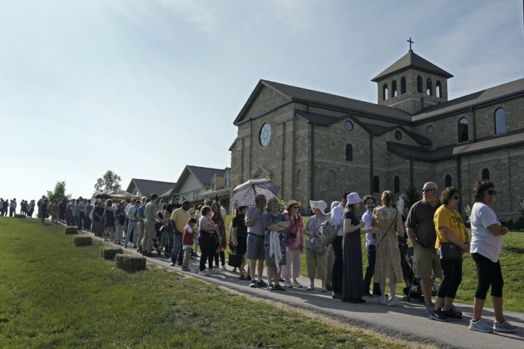 People wait to view the body of Sister Wilhelmina Lancaster at the Benedictines of Mary, Queen of Apostles abbey on Sunday, 28th May, 2023, near Gower, Missouri