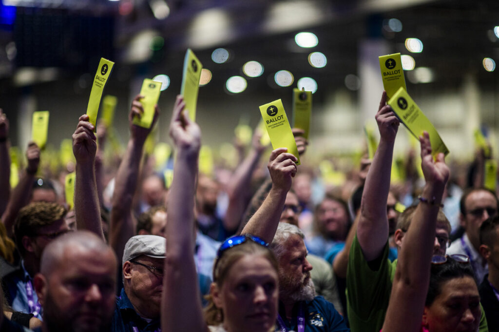 Messengers vote during the first day of the Southern Baptist Convention annual meeting at the Ernst Memorial Convention Center in New Orleans, Louisiana, on 13th June, 2023.