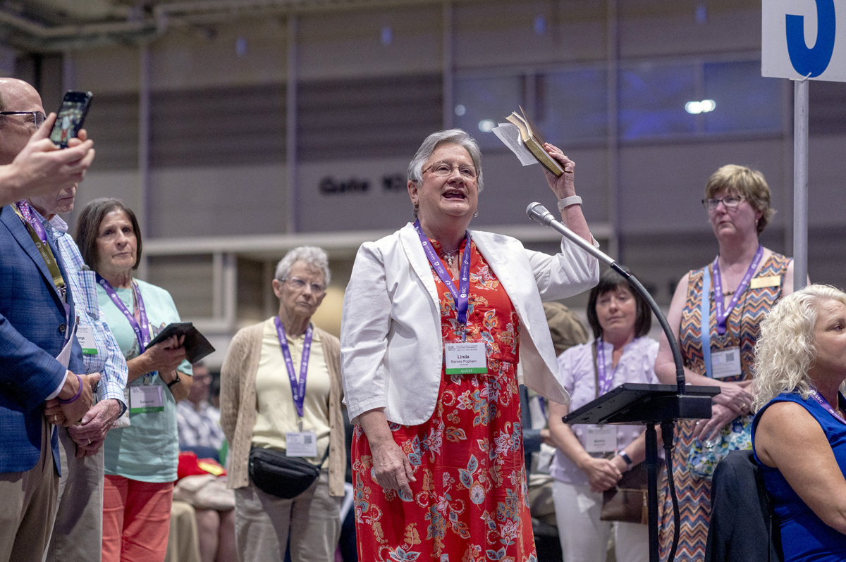 Rev Linda Barnes Popham speaks at the Southern Baptist Convention annual meeting at the Ernst Memorial Convention Center in New Orleans, Louisiana, on 13th June, 2023.