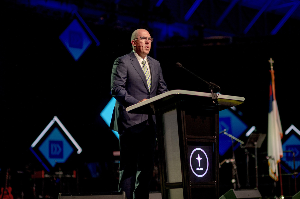 Southern Baptist Convention president Bart Barber speaks during the first day of the SBC annual meeting at the Ernst Memorial Convention Center in New Orleans, Louisiana, on 13th June, 2023. 