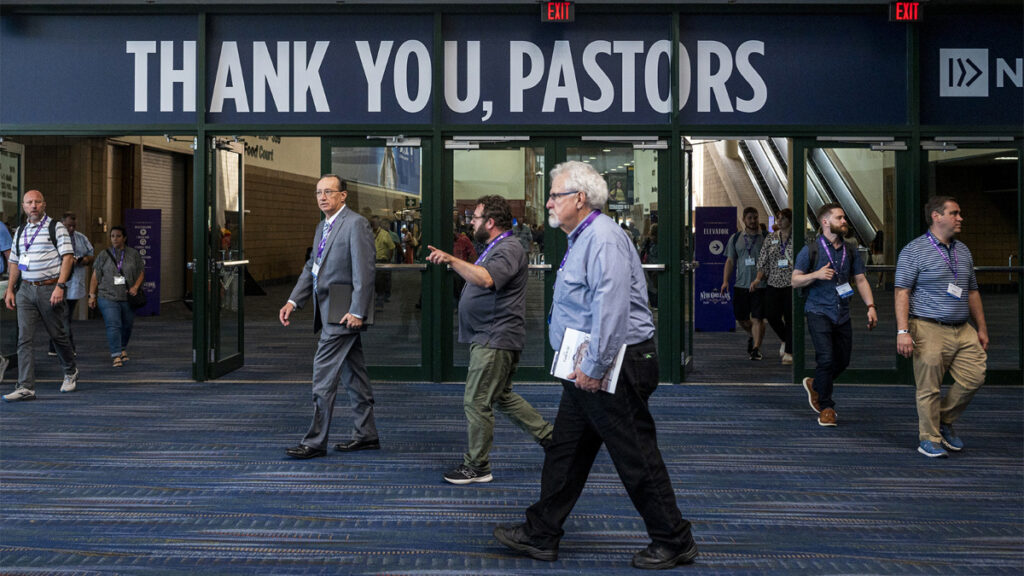 Attendees pass through the Ernest N Morial Convention Center during the Southern Baptist Convention annual meeting in New Orleans, on Wednesday, 14th June, 2023
