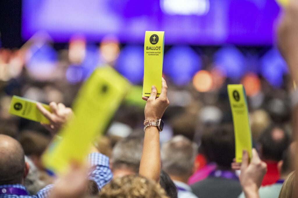 Delegates hold up their ballots at the Southern Baptist Convention at the New Orleans Ernest N Morial Convention Center in New Orleans, Tuesday, 13th June, 2023.