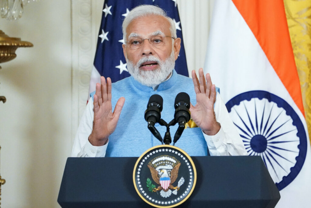 India’s Prime Minister Narendra Modi speaks during a joint press conference with US President Joe Biden at the White House in Washington, US, on 22nd June, 2023