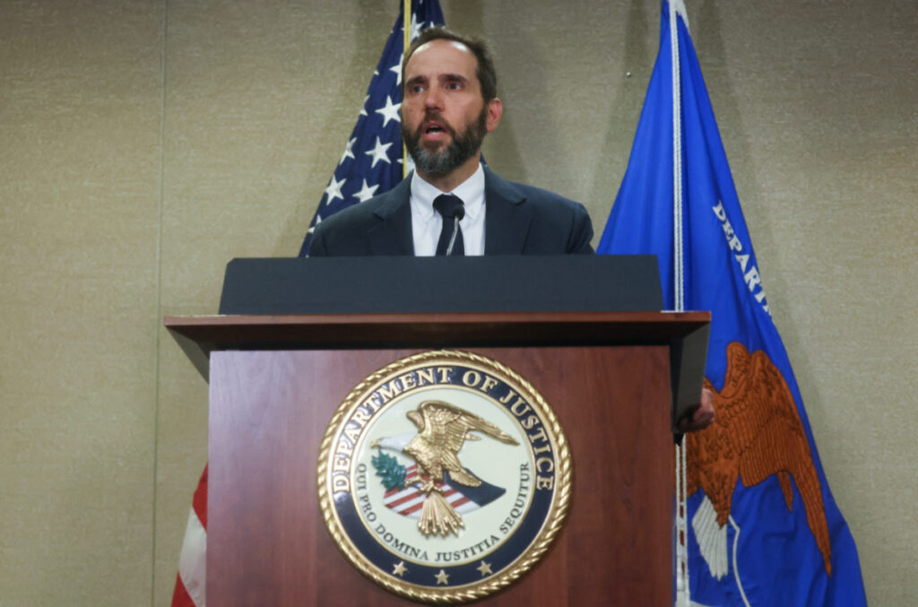 US Special Counsel Jack Smith makes a statement to reporters about the 37 federal charges returned by a grand jury in an indictment of former US President Donald Trump on charges of unauthorized retention of classified documents and conspiracy to obstruct justice, as Smith speaks at his offices in Washington, US, on 9th June, 2023.