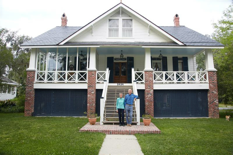 Rebecca and Leonard Rohrbough pose in front of their home in Mandeville, Louisiana, USA, on 18th April, 2023