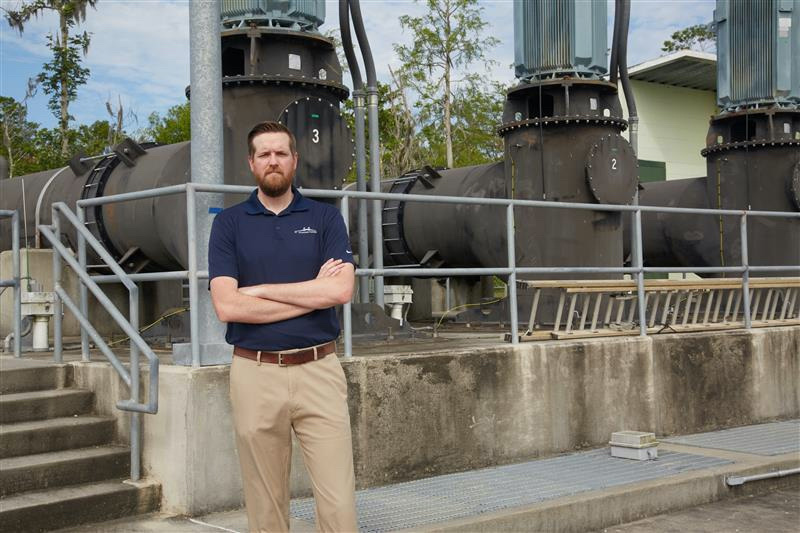 Charles Parish President Matthew Jewell poses in front of a pump station in Louisiana, USA, on 19th April, 2023. 