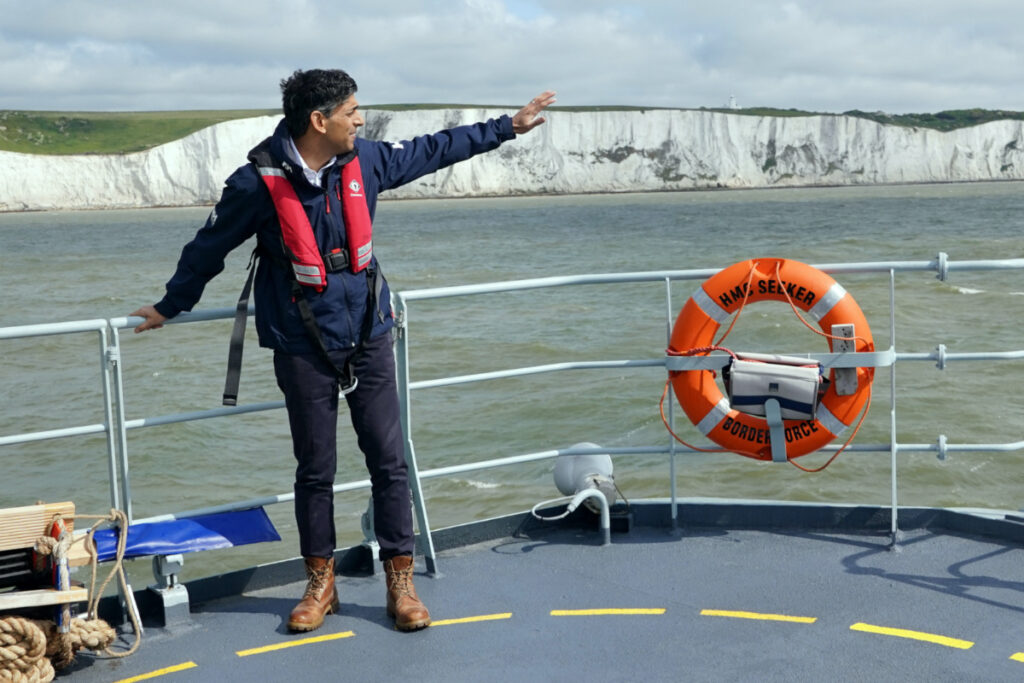 Prime Minister Rishi Sunak onboard Border Agency cutter HMC Seeker during a visit to Dover, ahead of a press conference to update the nation on the progress made in the six months since he introduced the Illegal Migration Bill under his plans to "stop the boats".