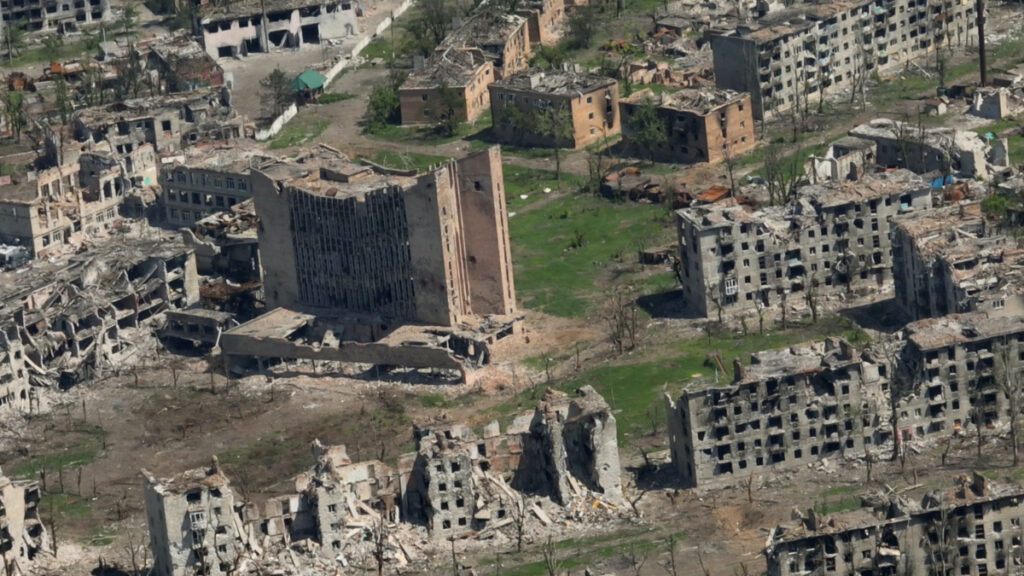 Aerial view shows destroyed buildings as a result of intense fighting, amid the Russian invasion, in Bakhmut, Ukraine in this still image from handout video released on 15th June 2023.
