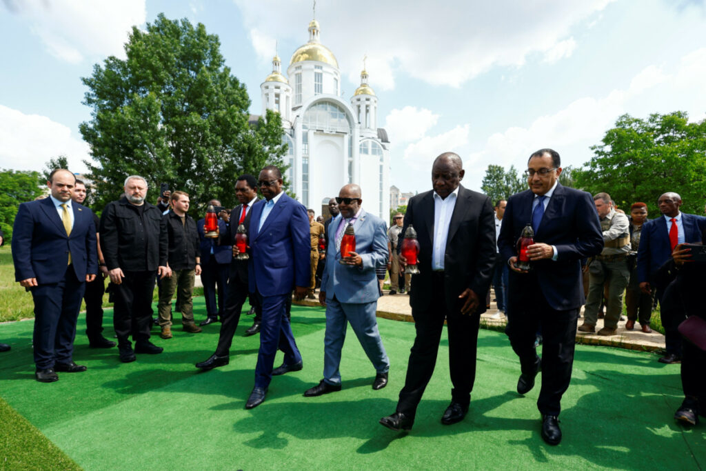 Zambia's President Hakainde Hichilema, Senegal's President Macky Sall, President of the Union of Comoros Azali Assoumani, South African President Cyril Ramaphosa and Egypt's Prime Minister Mustafa Madbuly visit a site of a mass grave, in the town of Bucha, amid Russia's attack on Ukraine, outside of Kyiv, Ukraine, on 16th June, 2023.