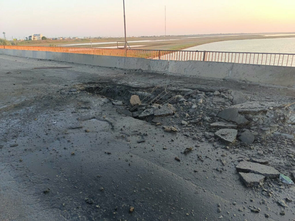 A view shows the damaged Chonhar bridge connecting Russian-held parts of Ukraine's Kherson region to the Crimean peninsula, following what Russian-appointed officials say was a Ukrainian missile attack, in this picture released on 22nd June, 2023