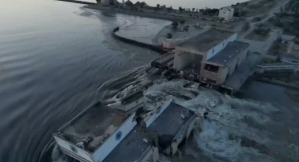 A general view of the Nova Kakhovka dam that was breached in Kherson region, Ukraine, on 6th June, 2023 in this screen grab taken from a video obtained by Reuters