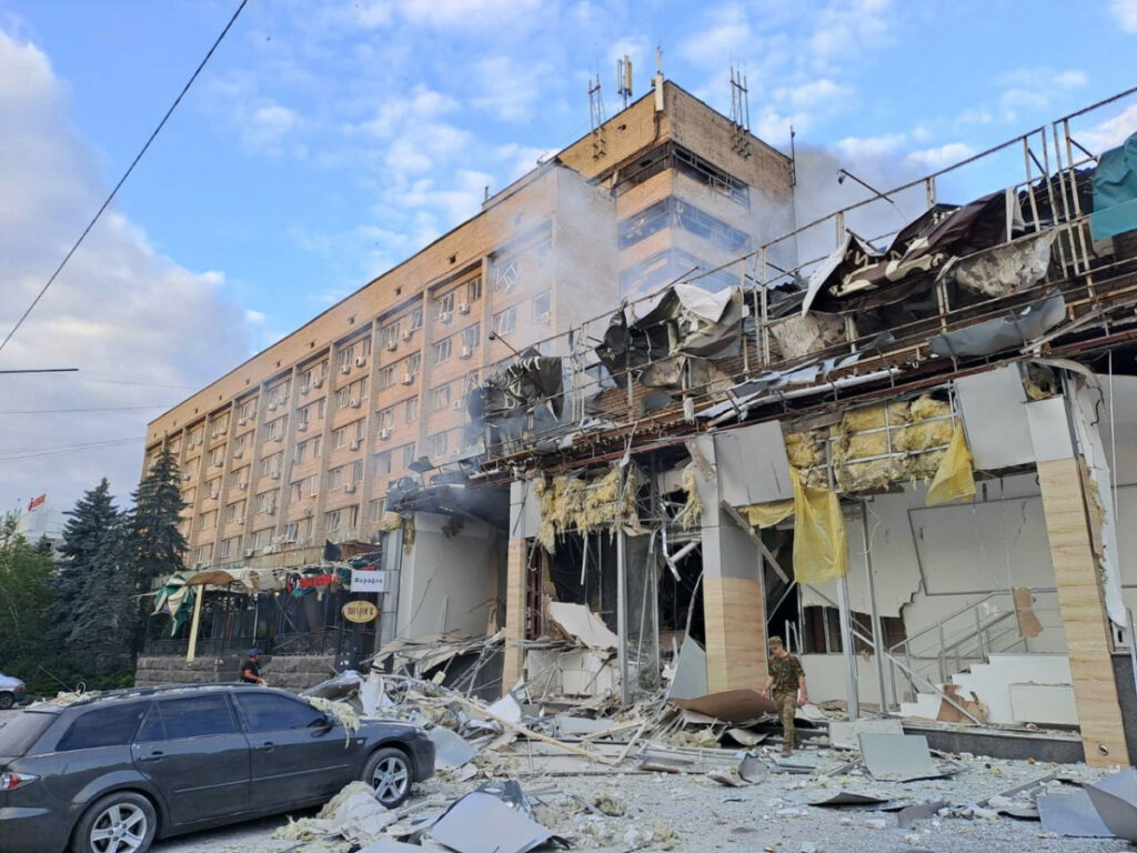 A view shows a building of a restaurant heavily damaged by a Russian missile strike, amid Russia's attack on Ukraine, in central Kramatorsk, Donetsk region, Ukraine, on 27th June, 2023.