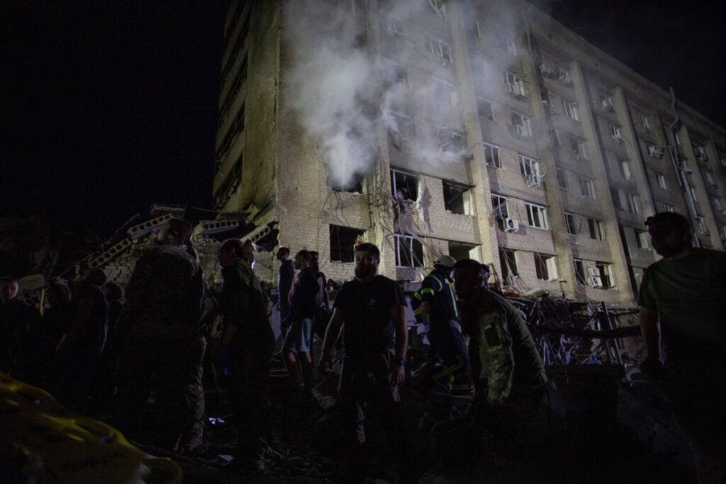 Rescues and volunteers wort at the site of hotel and restaurant buildings heavily damaged by a Russian missile strike, amid Russia's attack on Ukraine, in central Kramatorsk, Donetsk region, Ukraine, on 27th June, 2023